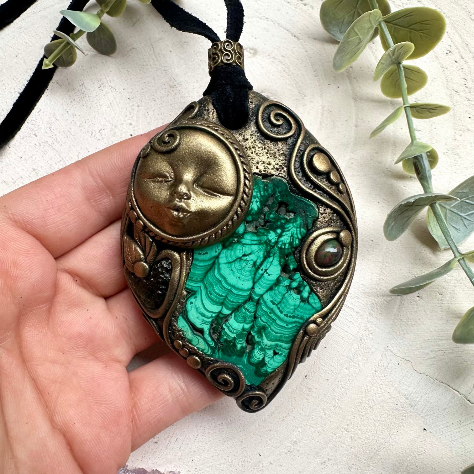Malachite with raw moldavite and black Ethiopian opal goddess necklace
