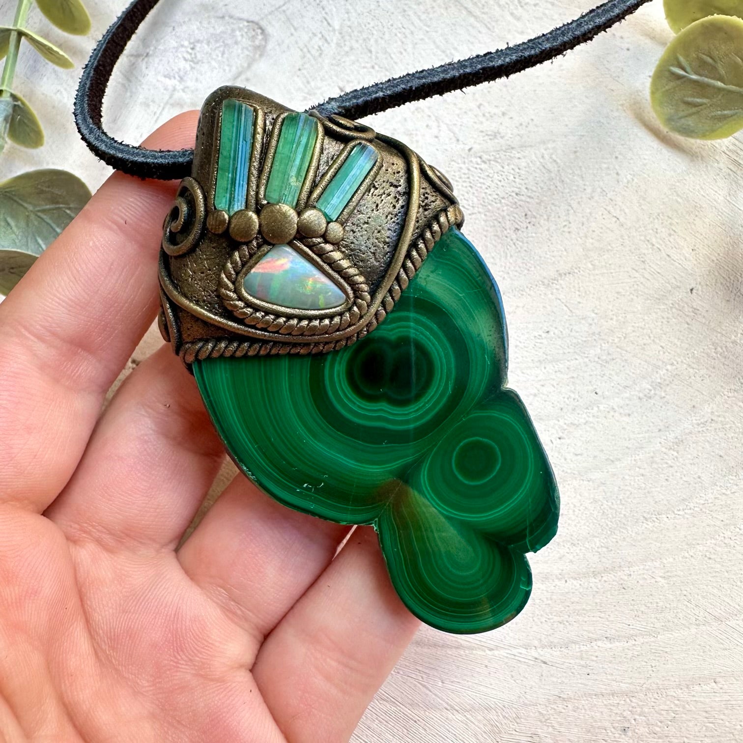 Malachite stalactite with green tourmaline and Australian opal pendant necklace