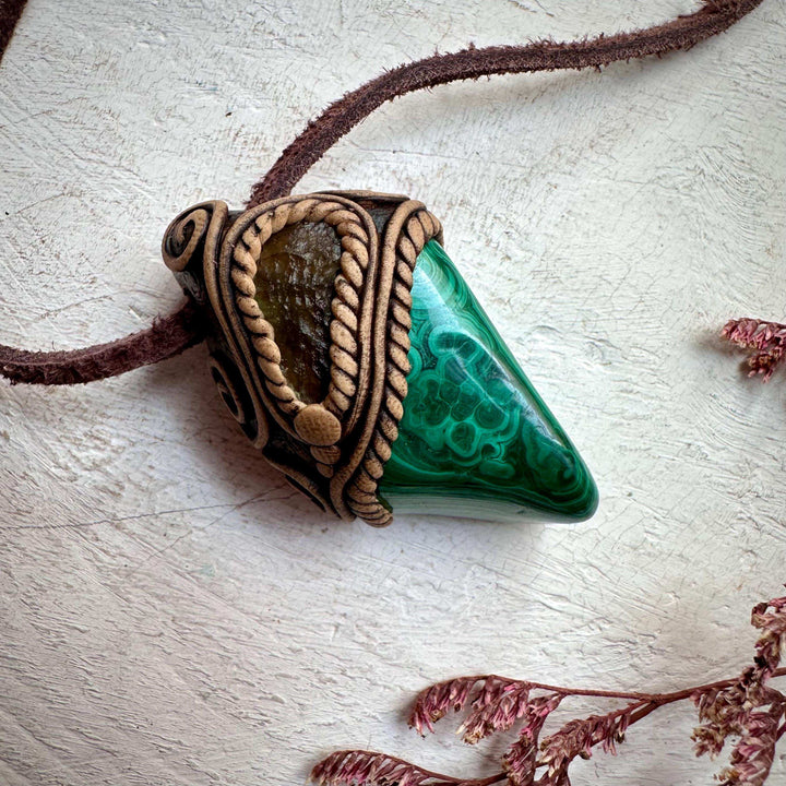Malachite and Moldavite Pendant Necklace - FairyGardenGlow