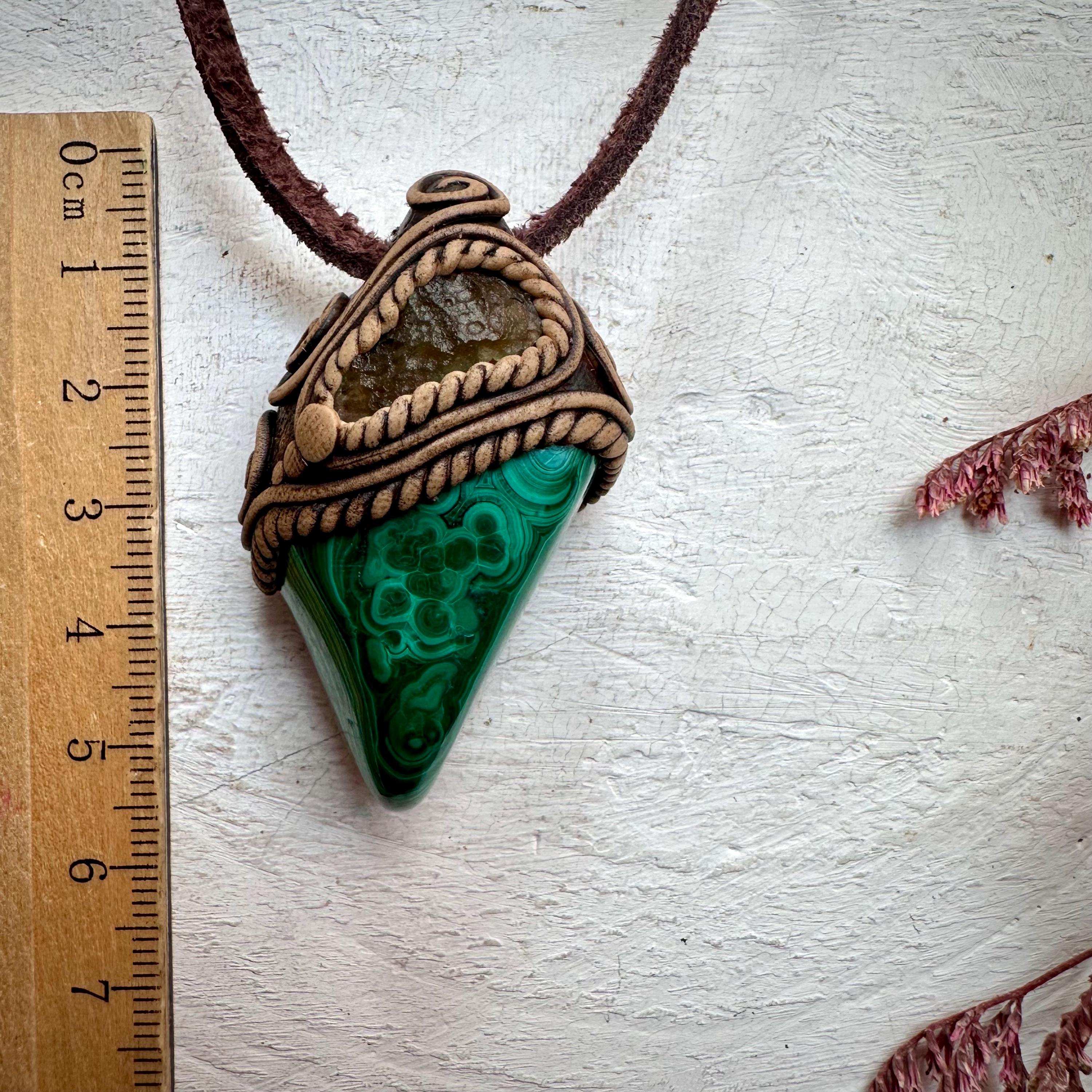 Malachite and Moldavite Pendant Necklace - FairyGardenGlow