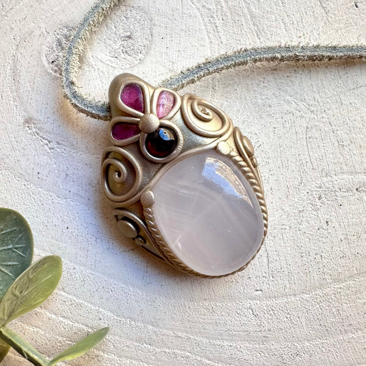 Mango Calcite with Rhodolite Garnet and Pink Tourmaline pendant necklace handmade