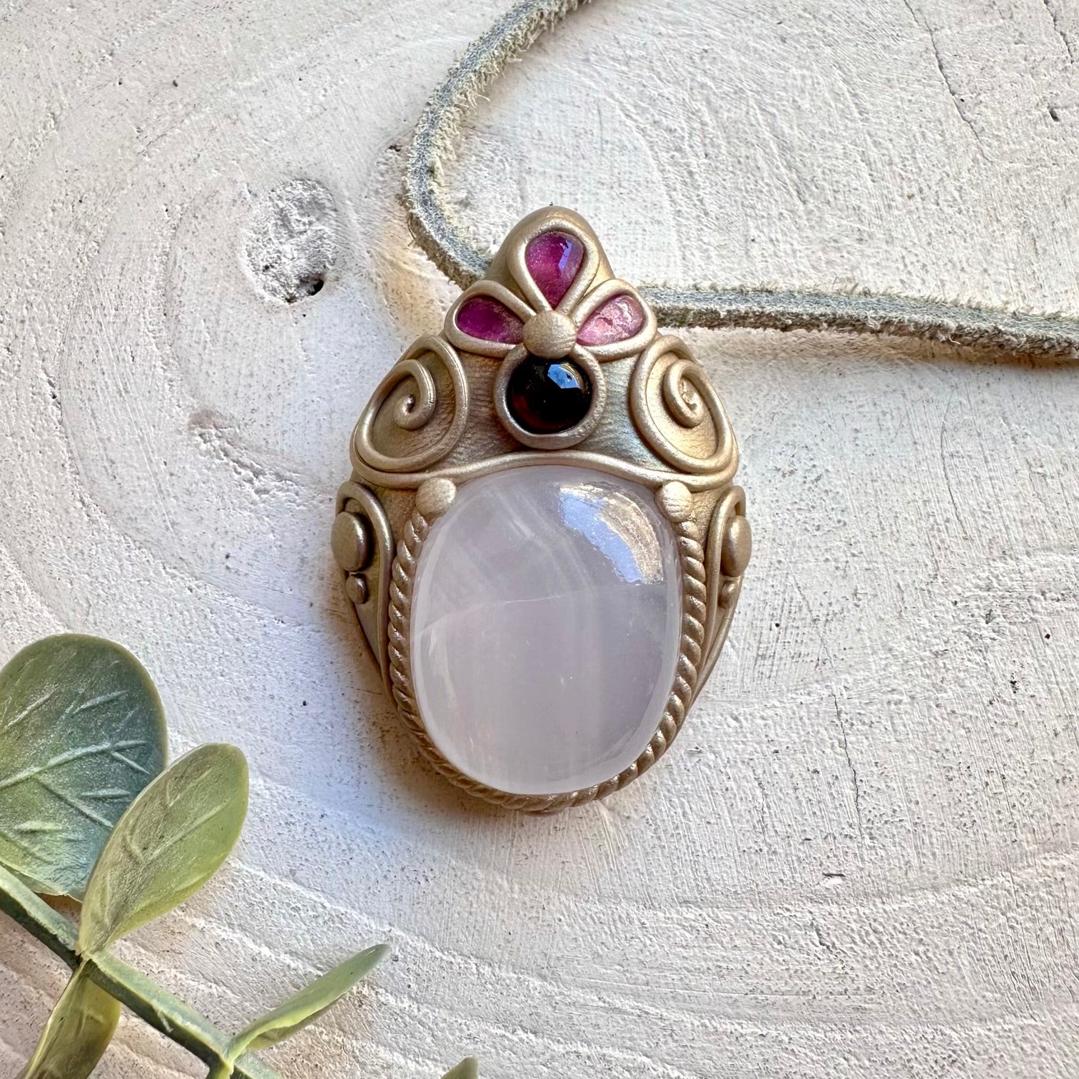Crystal talisman necklace with mango calcite rhodolite garnet and pink tourmaline healing stones