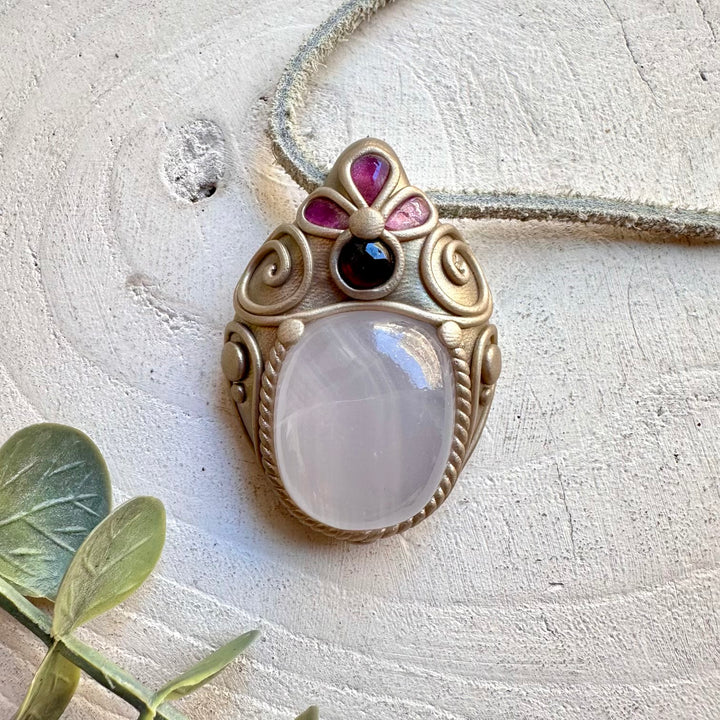 Crystal talisman necklace with mango calcite rhodolite garnet and pink tourmaline healing stones