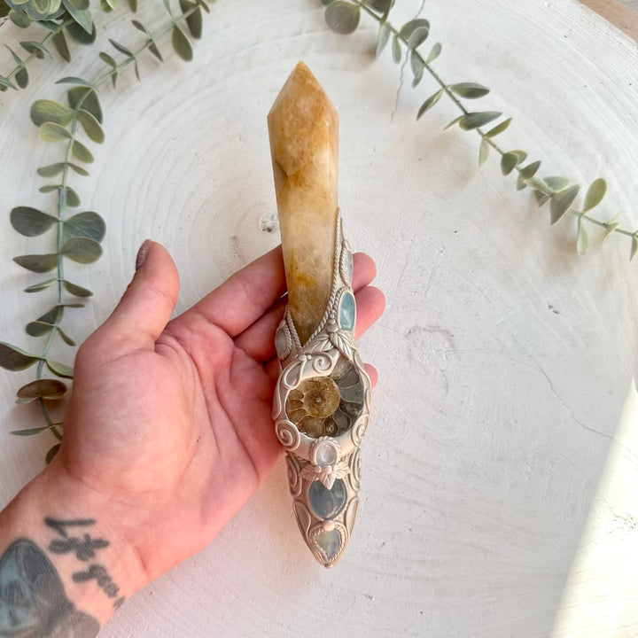 Handmade crystal wand with Golden Healer and Ammonite for abundance and transformation
