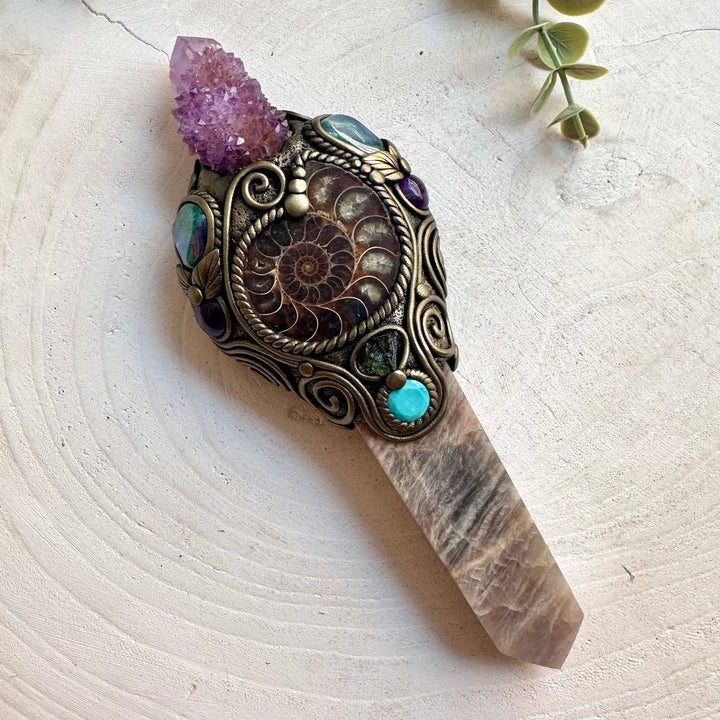 Handmade healing wand combining Moonstone, Deep Purple Spirit Quartz and carefully selected natural crystals.