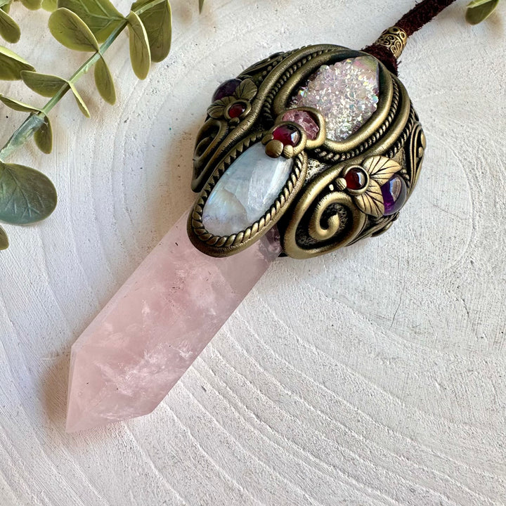 Unique spiritual crystal wand featuring Gemmy Rhodochrosite, Moonstone and Angel Aura Spirit Quartz.