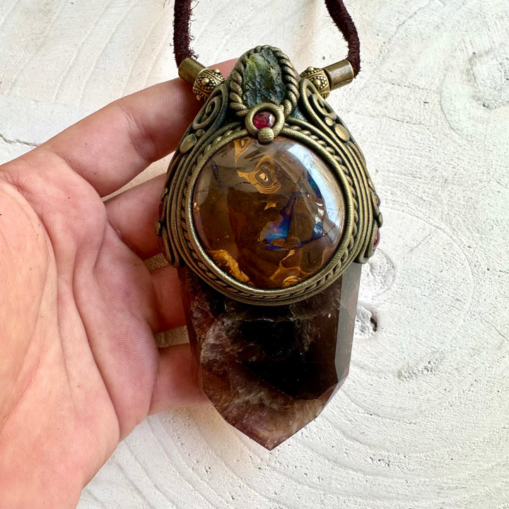 Statement crystal pendant combining Super Seven Quartz with rare opal and natural gemstones.