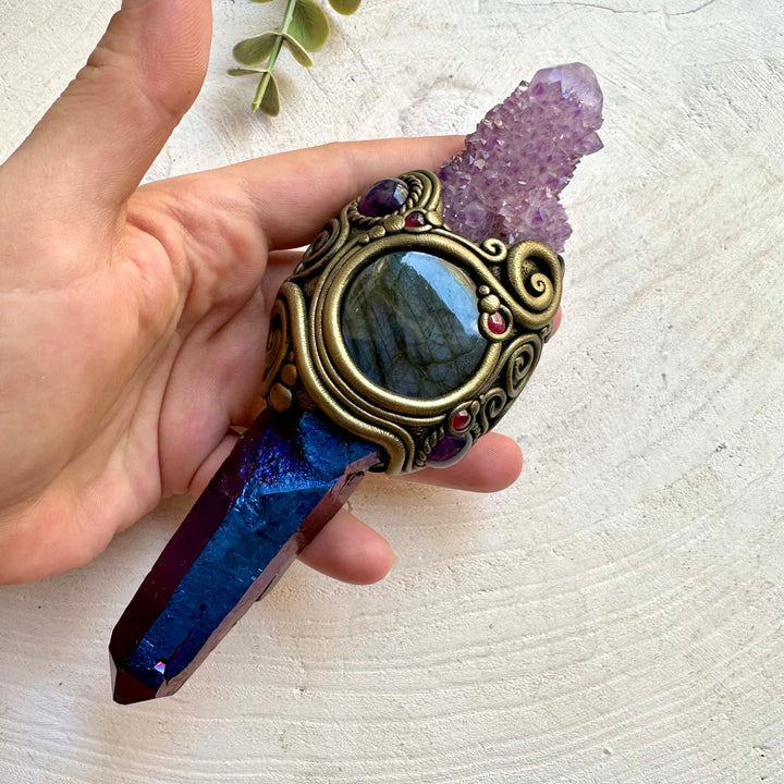 Handmade spiritual wand crafted with Labradorite, Amethyst and Rhodolite Garnet.