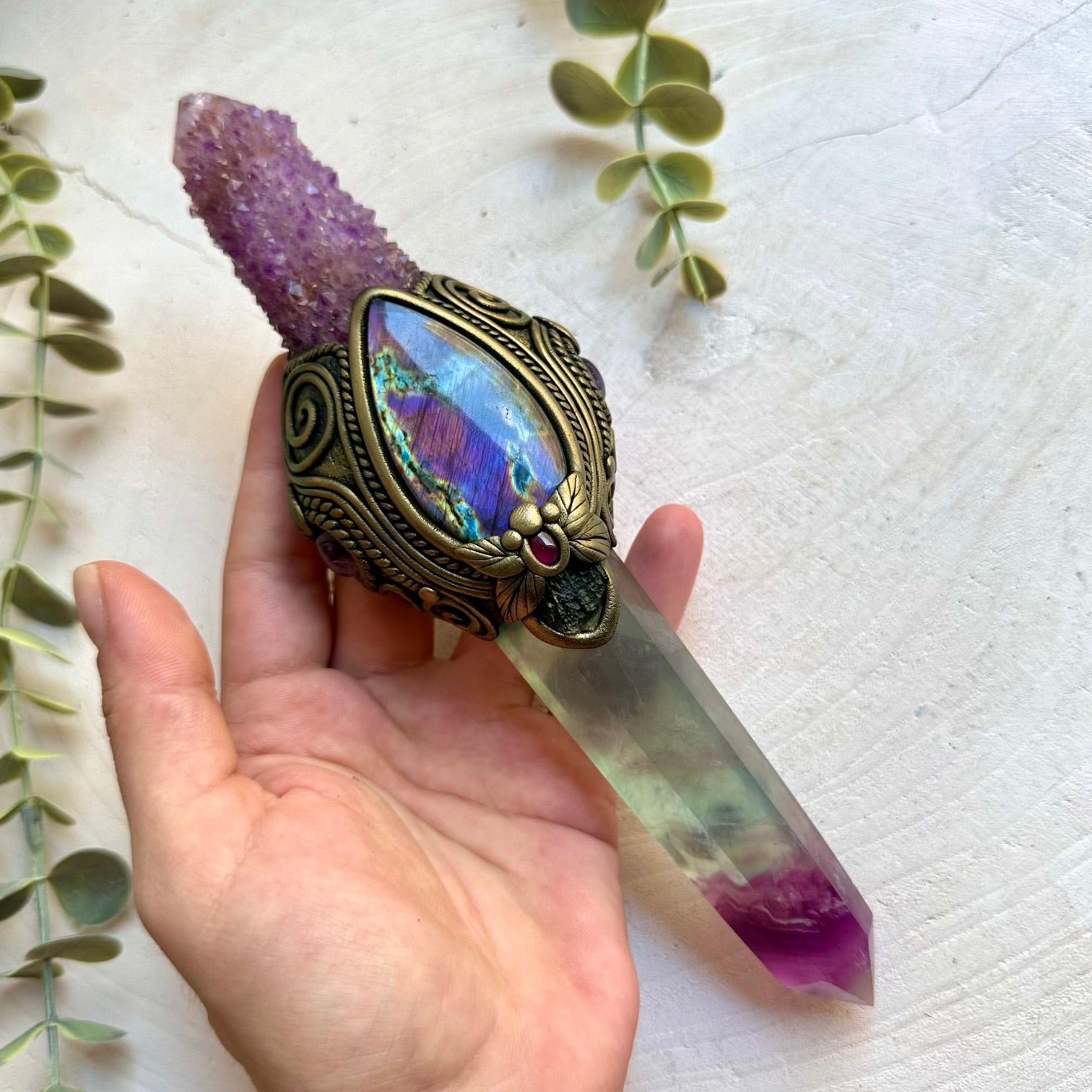 Natural crystal wand featuring Rainbow Fluorite and genuine gemstones for intention setting.