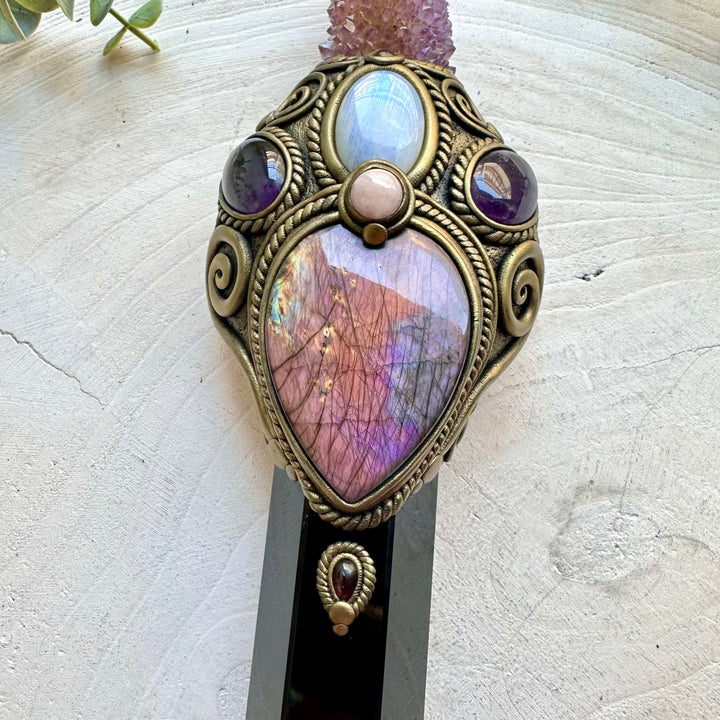 Spiritual crystal wand with Labradorite, Rainbow Moonstone, Amethyst and Rhodolite Garnet.