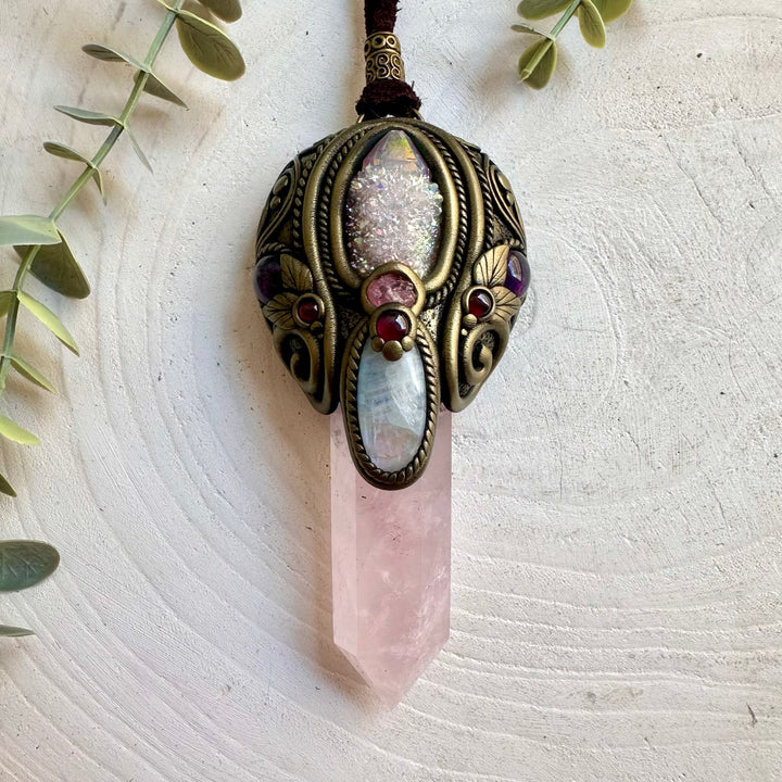 Natural crystal jewelry featuring Rose Quartz with Angel Aura Spirit Quartz and luminous Moonstone.
