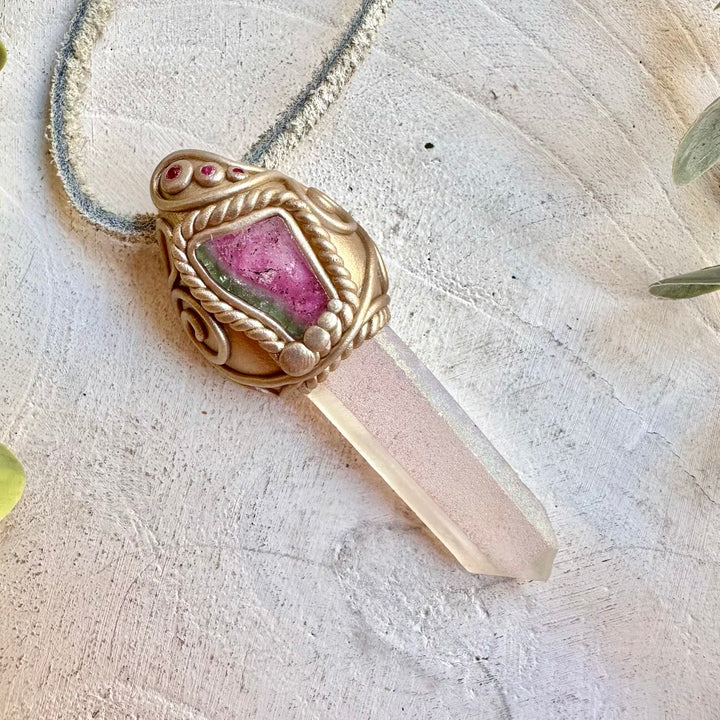 Statement crystal necklace manifestation jewelry with angel aura quartz watermelon tourmaline and ruby
