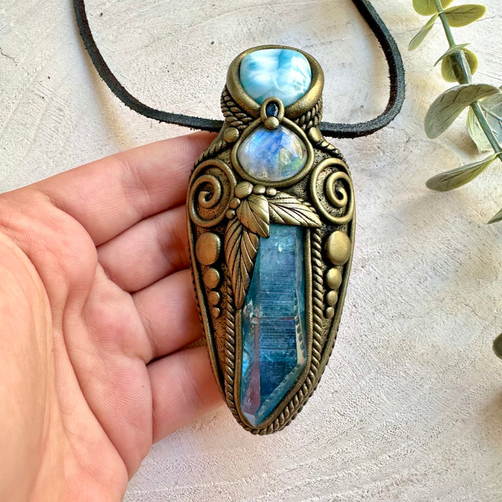 Handmade spiritual necklace with Rainbow Moonstone, Blue Sapphire, Larimar and Aqua Aura Quartz.