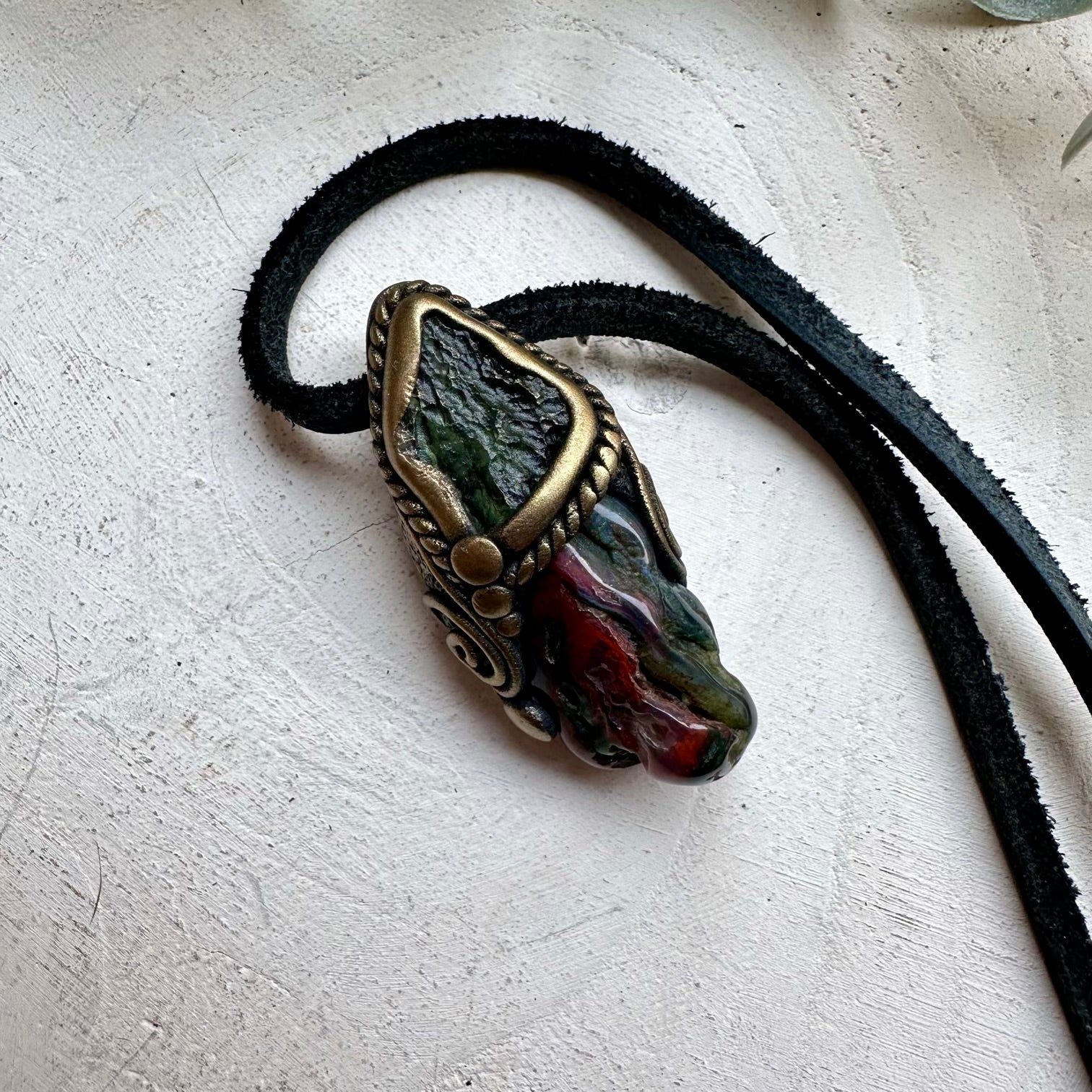 Moldavite and bloodstone healing crystal necklace