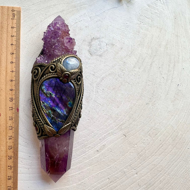 Handmade healing crystal wand with a polished Ametrine point, Deep Purple Spirit Quartz, Purple Labradorite, Moonstone and Rhodolite Garnet.