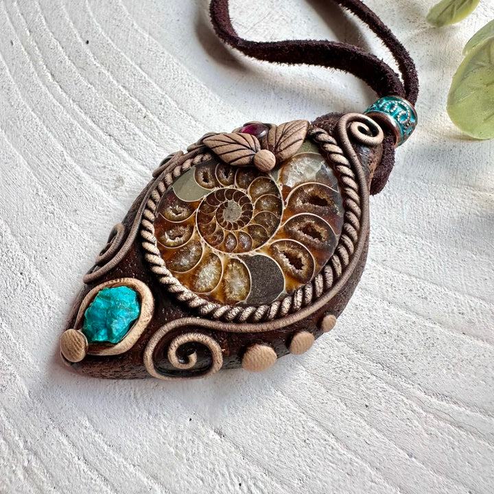 Handmade unisex gemstone necklace with Ammonite fossil, Chrysocolla and Garnet crystals