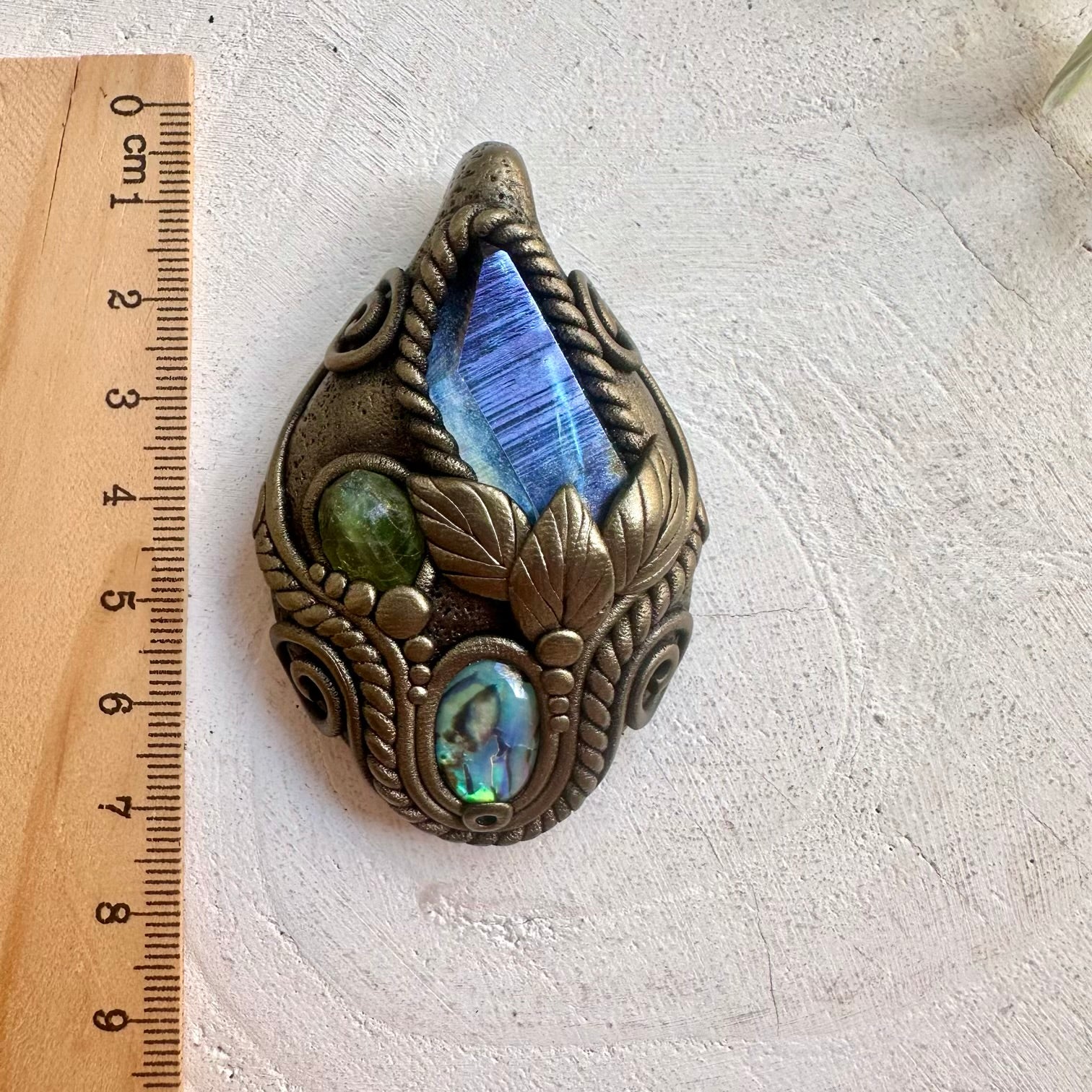 Handmade pendant necklace featuring Aqua Aura Quartz, Abalone Seashell and Peridot natural gemstones.