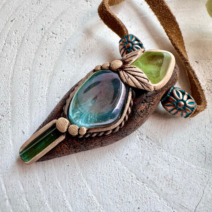 Fantasy jewelry pendant with Aqua Aura Quartz and natural green gemstones