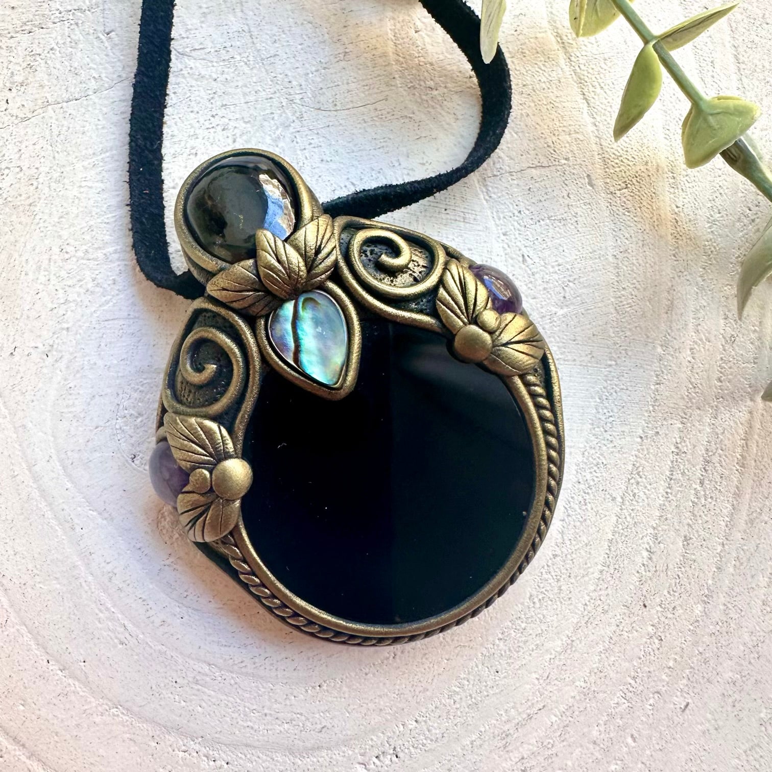 Statement handmade gemstone jewelry  with Black Obsidian Mirror and natural healing crystals.