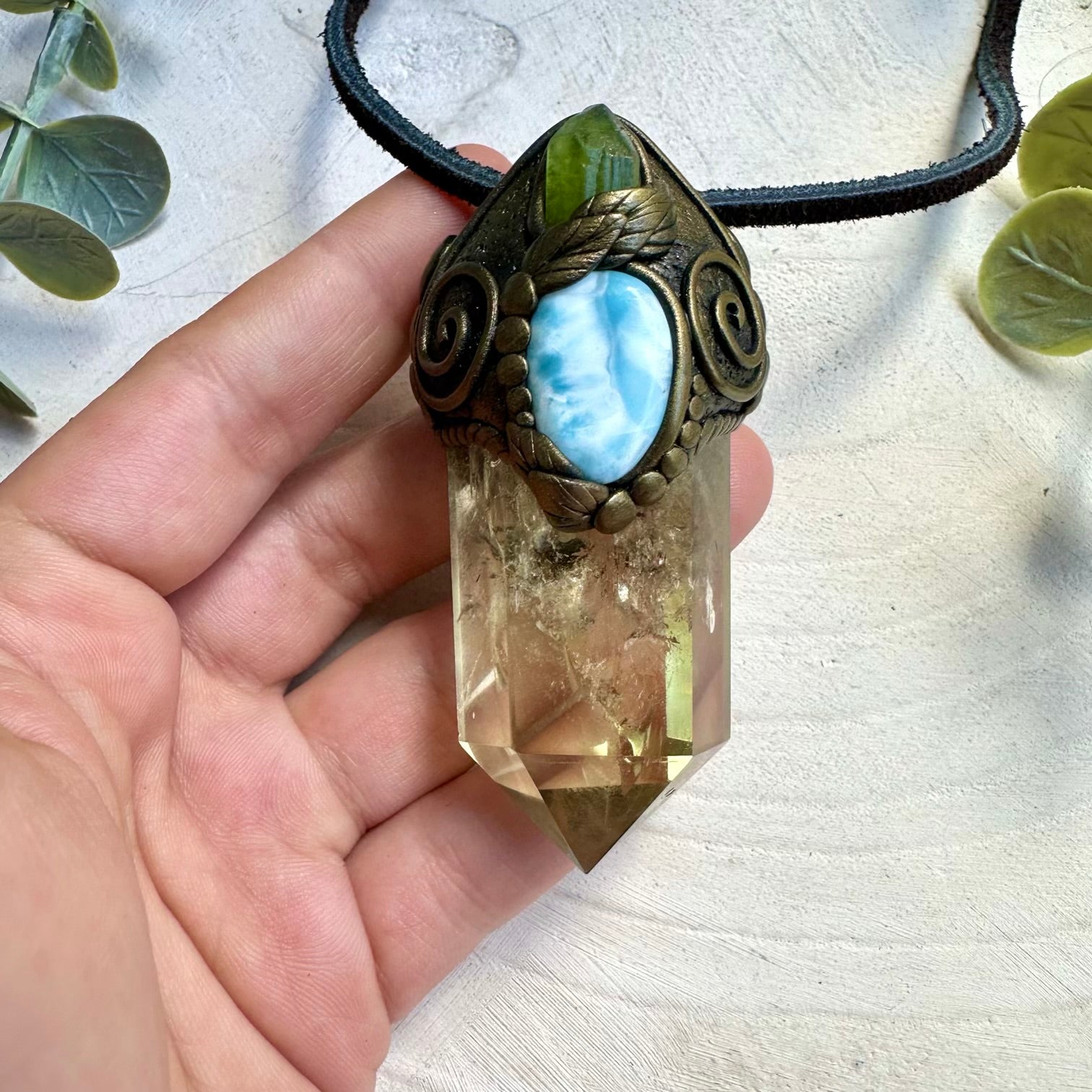 Natural healing crystal wand pendant with peridot citrine  and larimar