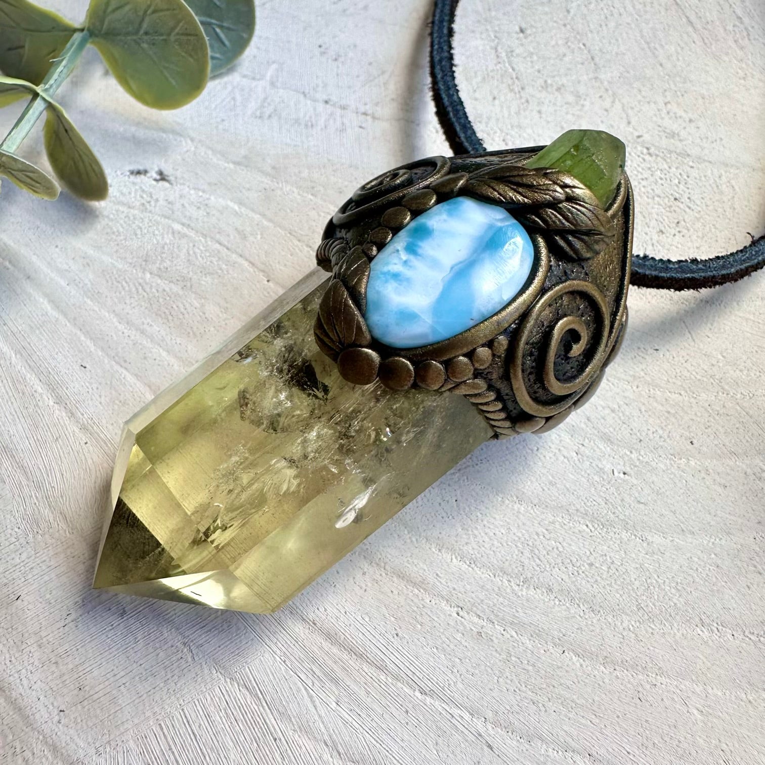 Healing crystal necklace with citrine peridot and larimar stones