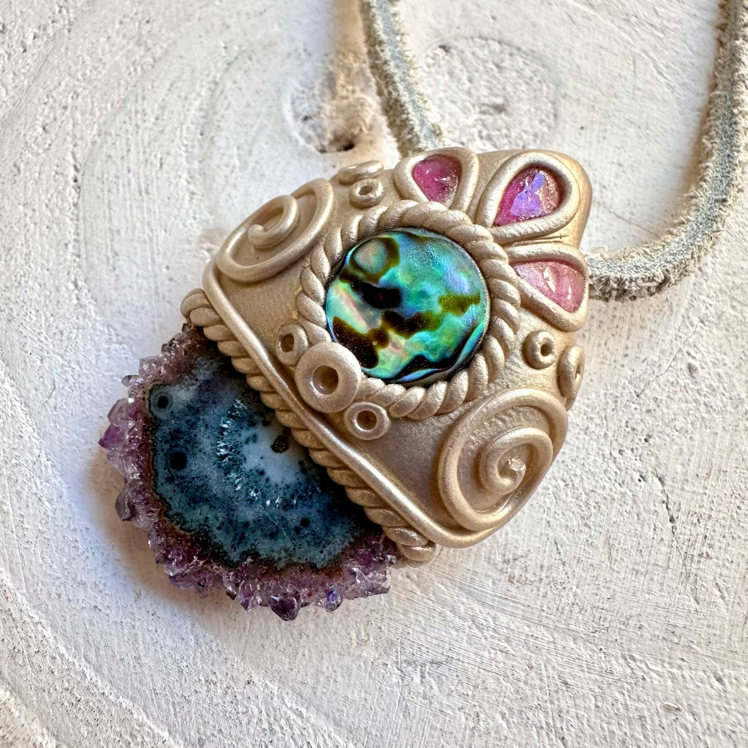 Spiritual crystal necklace with amethyst stalactite abalone seashell and pink tourmaline