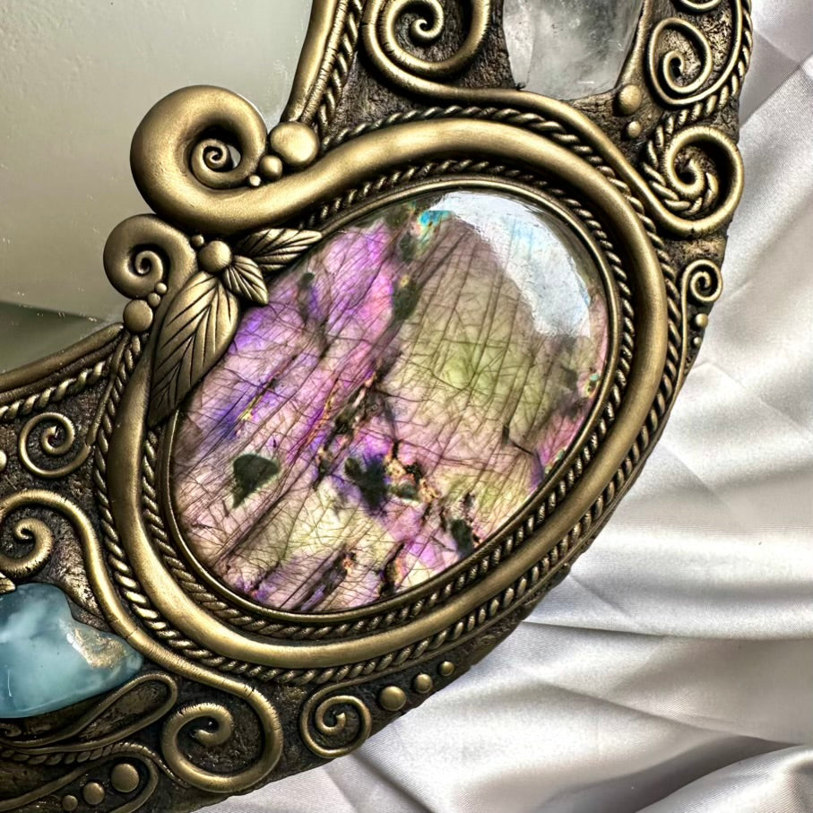Handcrafted witch decor mirror with Azurite and Black Ethiopian Opal