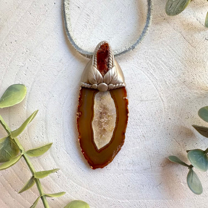 Crystal talisman necklace with agate slice and orange kyanite healing stones