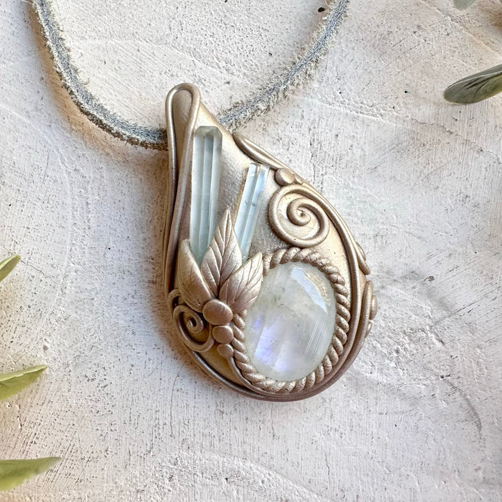 Healing crystal necklace handmade aquamarine moonstone pendant