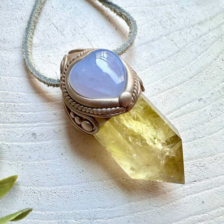 Protection amulet crystal necklace with citrine and blue chalcedony gemstones
