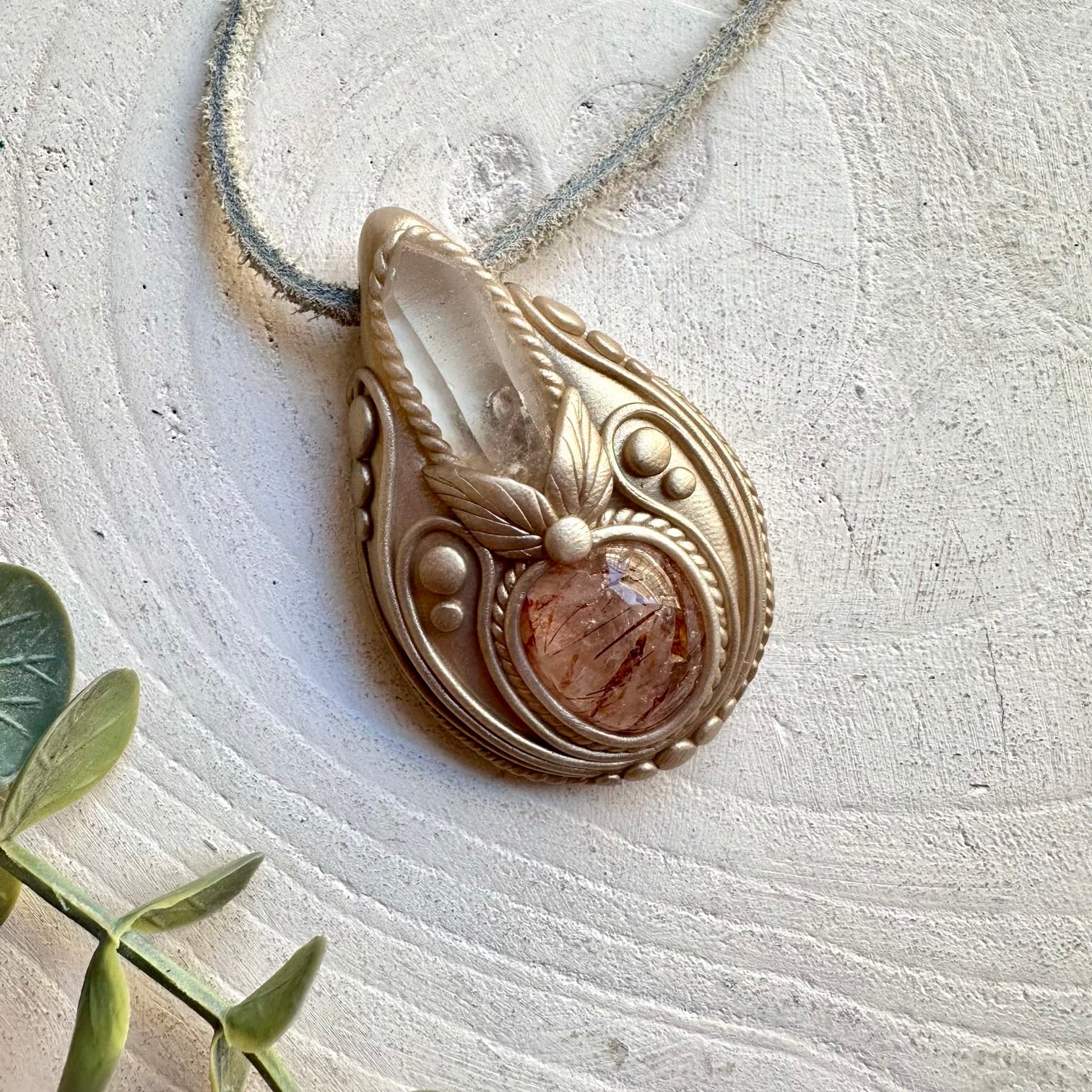 Protection amulet crystal necklace with Lemurian Seed Quartz and Hematite Quartz gemstones
