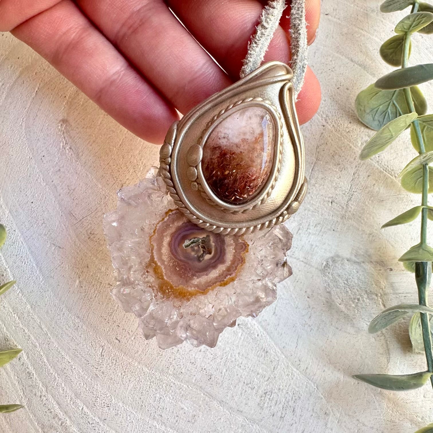 Protection amulet crystal necklace with natural amethyst stalactite gemstones
