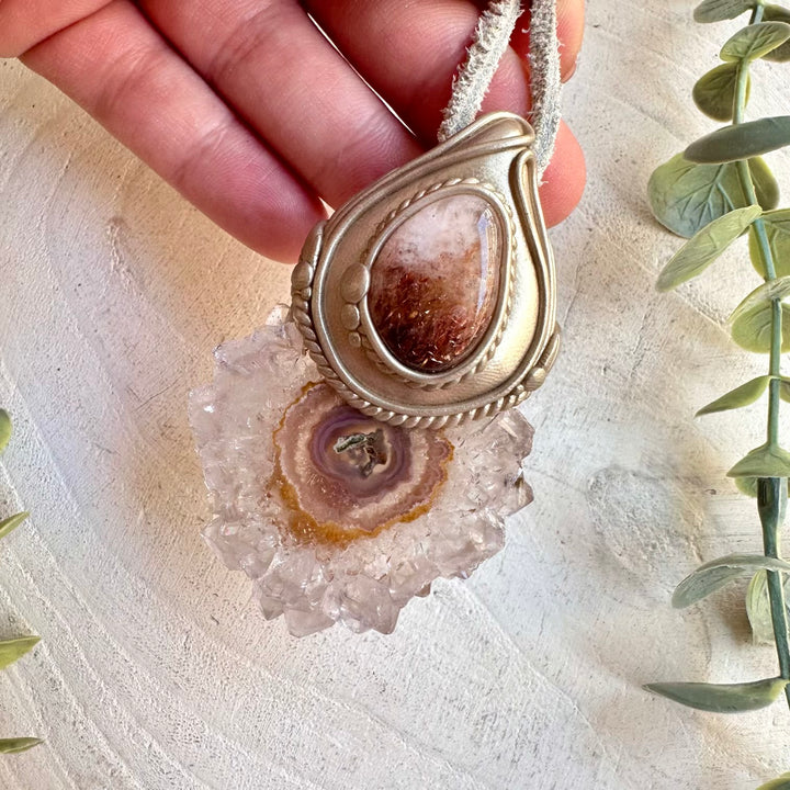 Protection amulet crystal necklace with natural amethyst stalactite gemstones