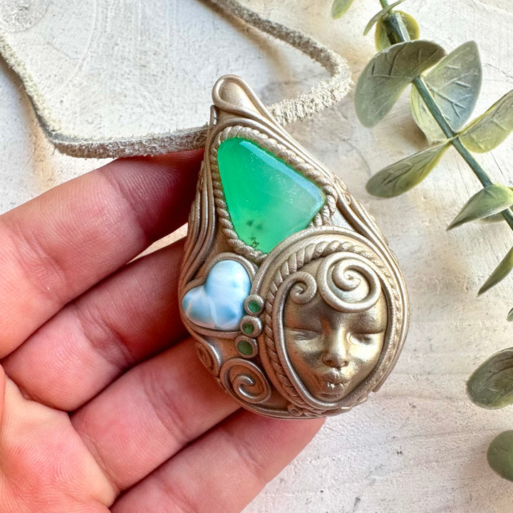 Divine feminine goddess crystal necklace with emerald and larimar