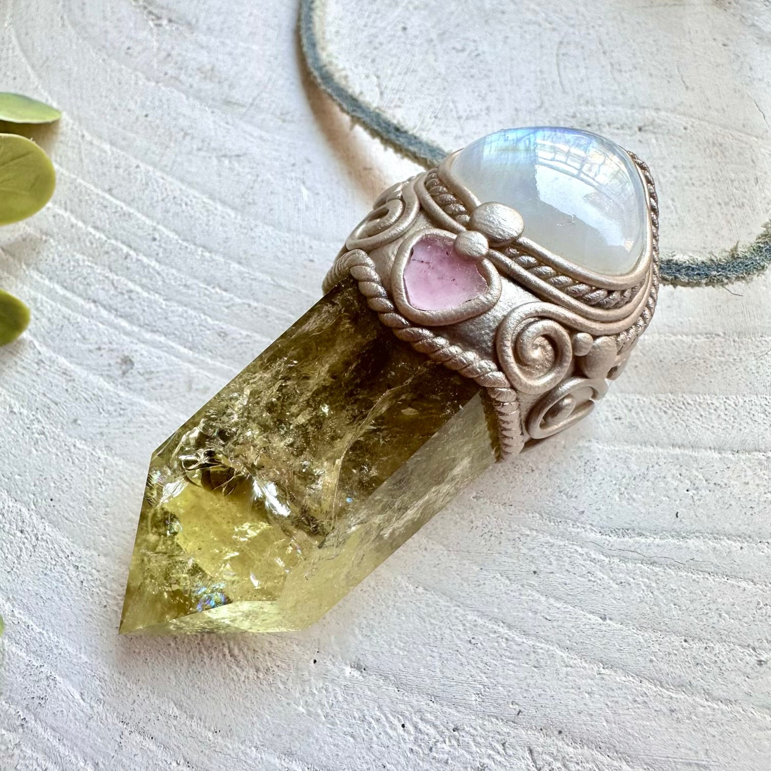 Protection amulet crystal necklace with citrine and pink tourmaline healing crystals