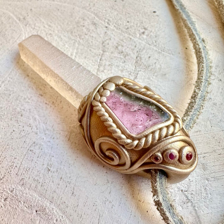 Raw gemstone necklace angel aura quartz watermelon tourmaline healing crystal jewelry