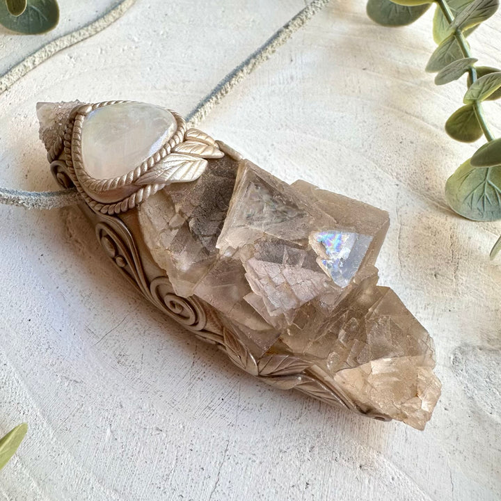 Handmade gemstone wand pendant phantom fluorite spirit quartz jewelry