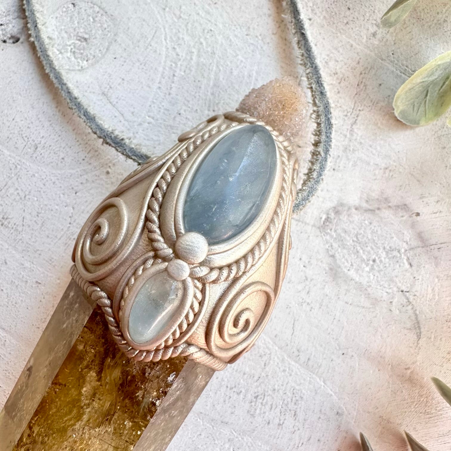 Handmade gemstone wand with spirit quartz and celestite metaphysical tool