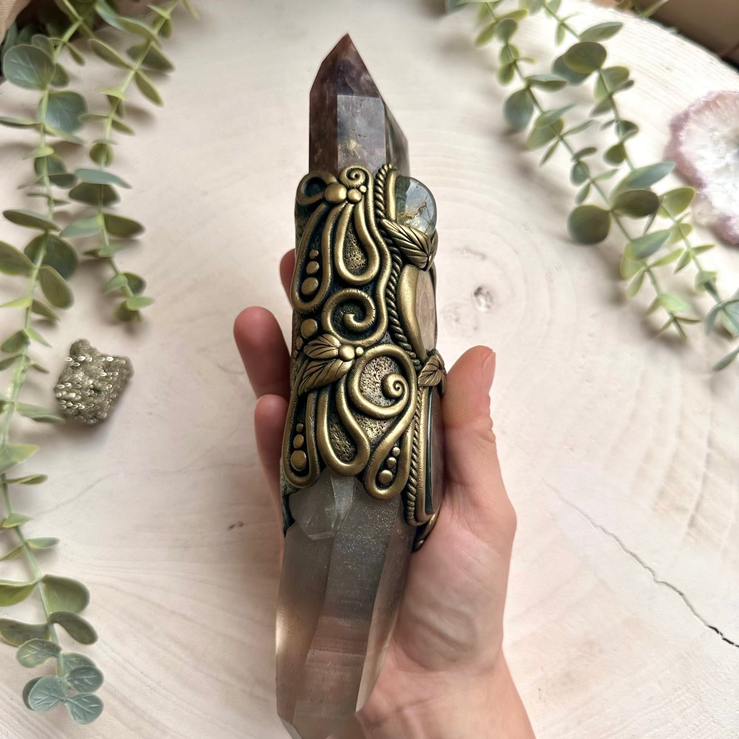 Handmade ceremony crystal wand with quartz and moldavite