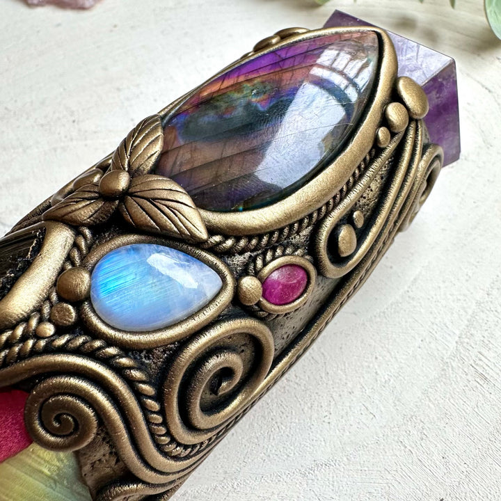 Aura quartz and labradorite unisex spiritual crystal wand