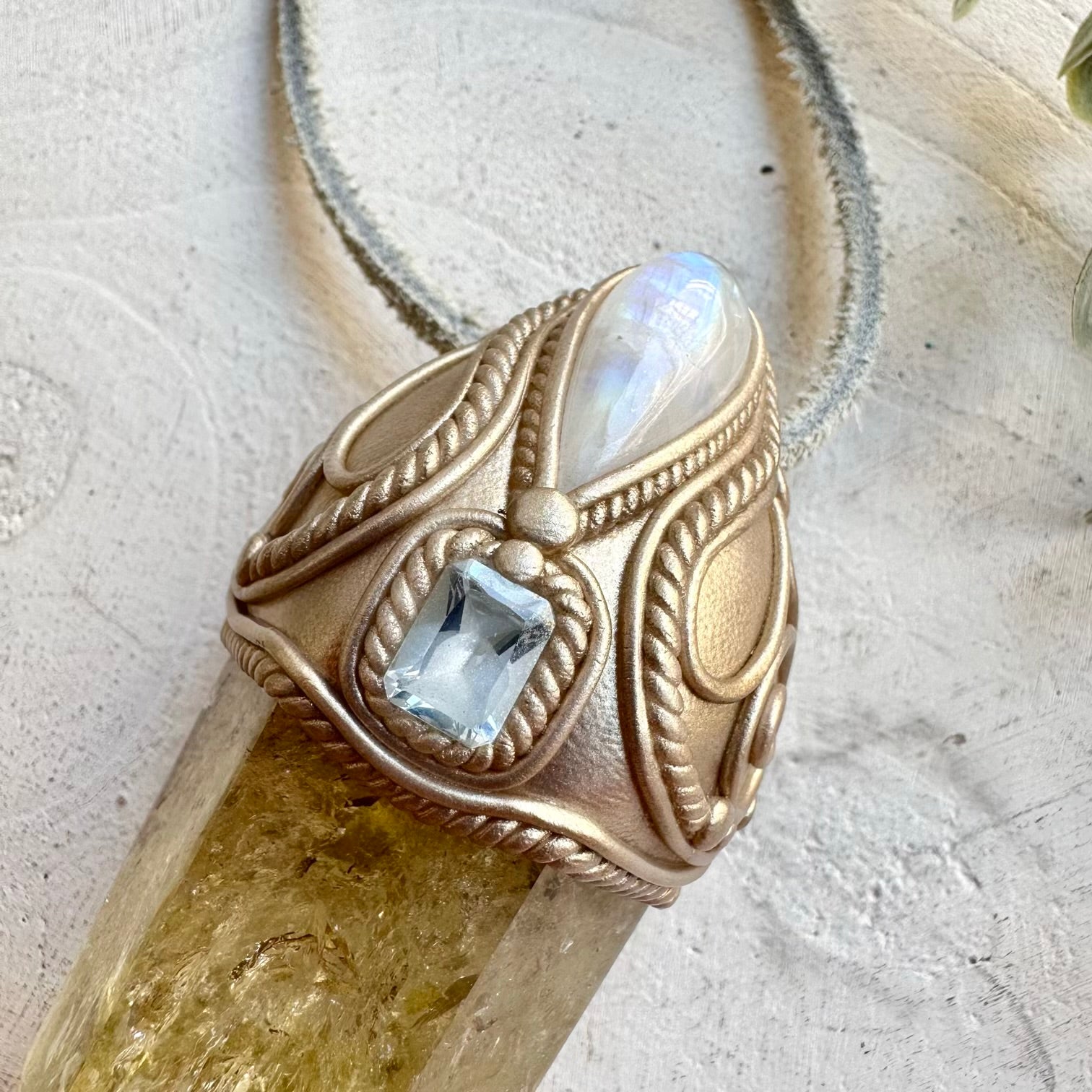Statement crystal wand handmade with natural citrine crystal moonstone and blue topaz