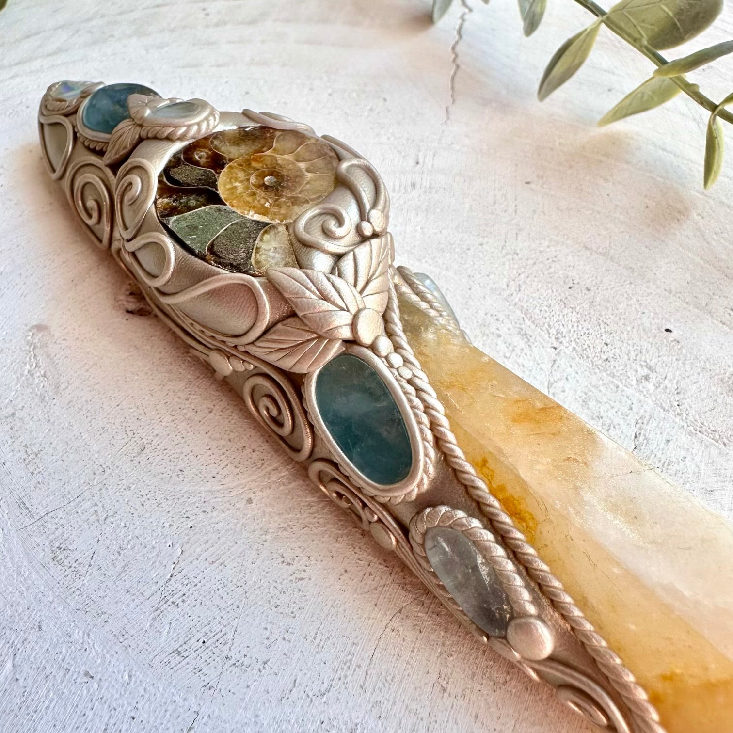 Handmade healing crystal wand with Ammonite Raw Ethiopian Opal and Aquamarine