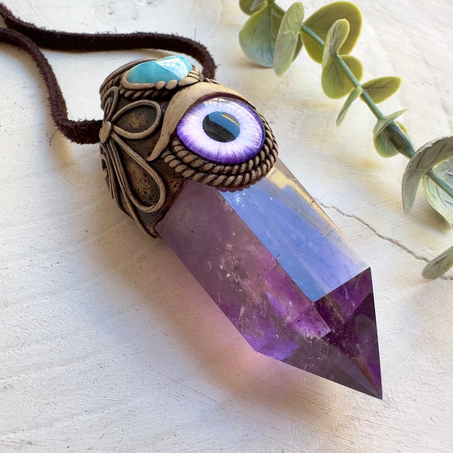 Protection amulet wand necklace with Larimar heart pendant
