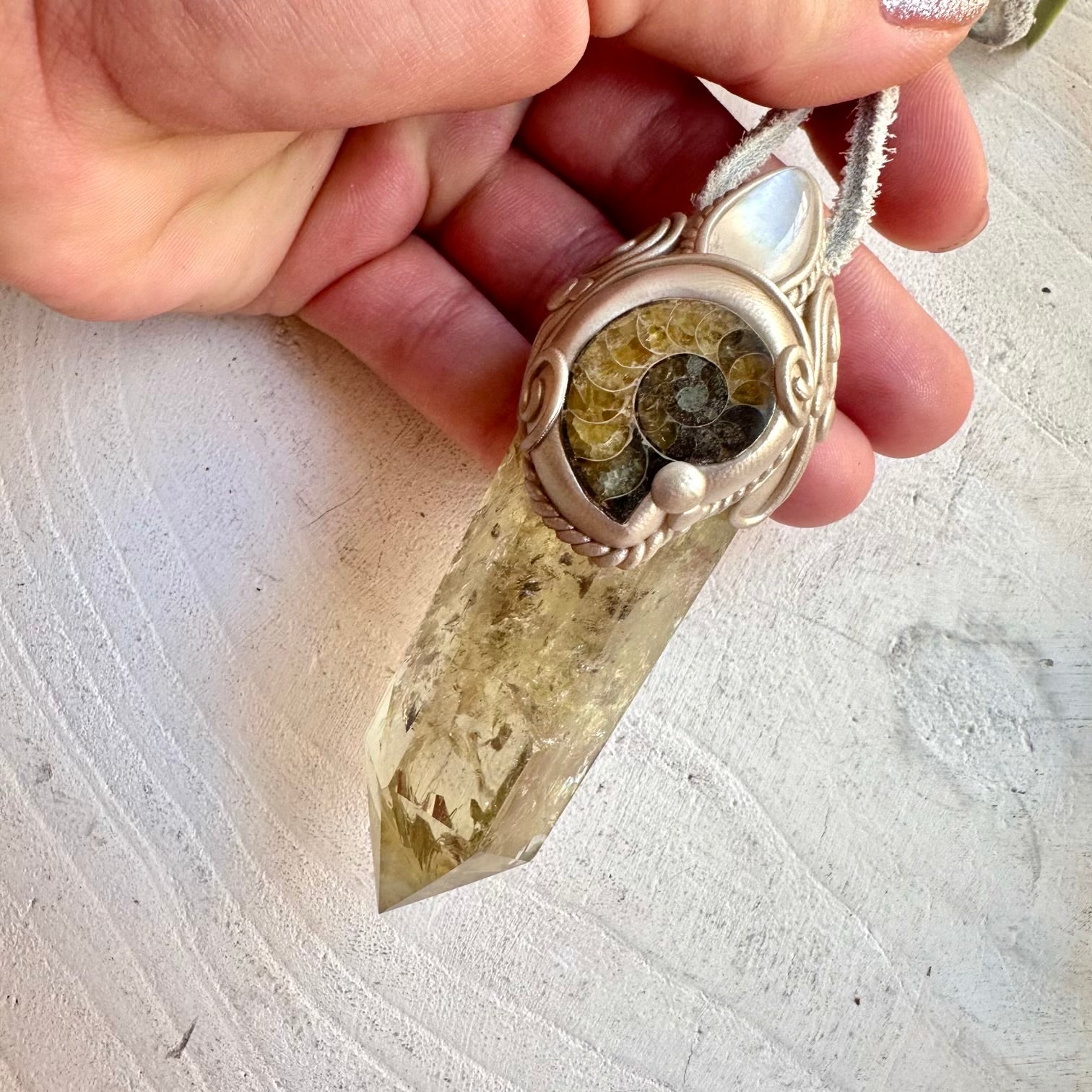 Boho jewelry protection amulet crystal wand necklace fossil and gemstone