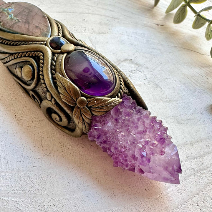 Handmade energy wand featuring Purple Labradorite, Amethyst and Black Ethiopian Opal.
