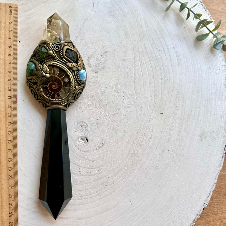 Handmade witch crystal wand featuring Black Obsidian with Citrine, Moldavite, Larimar, Peridot and Emerald.