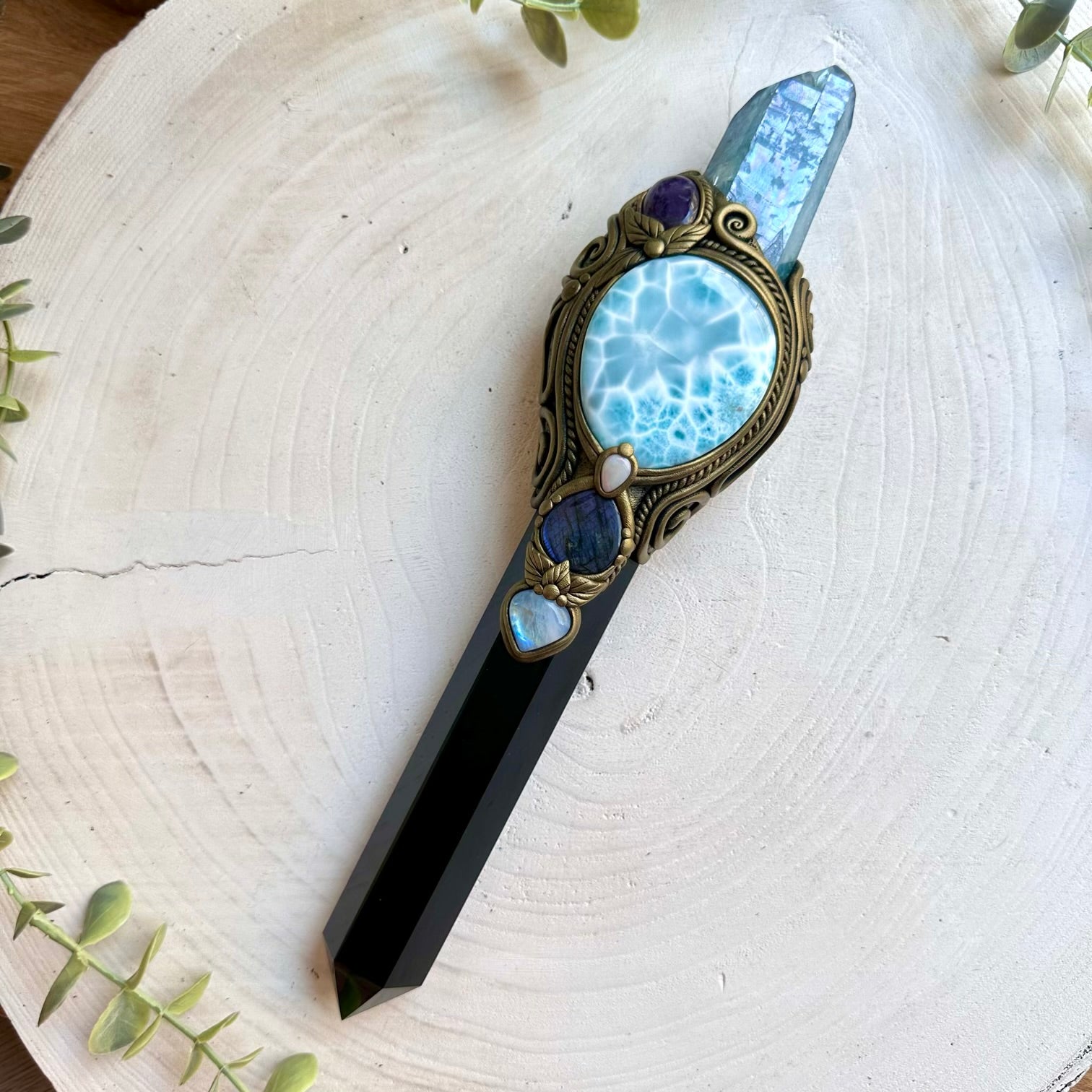 One of a kind XL crystal wand with Black Obsidian, Aqua Aura Quartz, Larimar, Labradorite, Rainbow Moonstone, Amethyst and Australian Opal.
