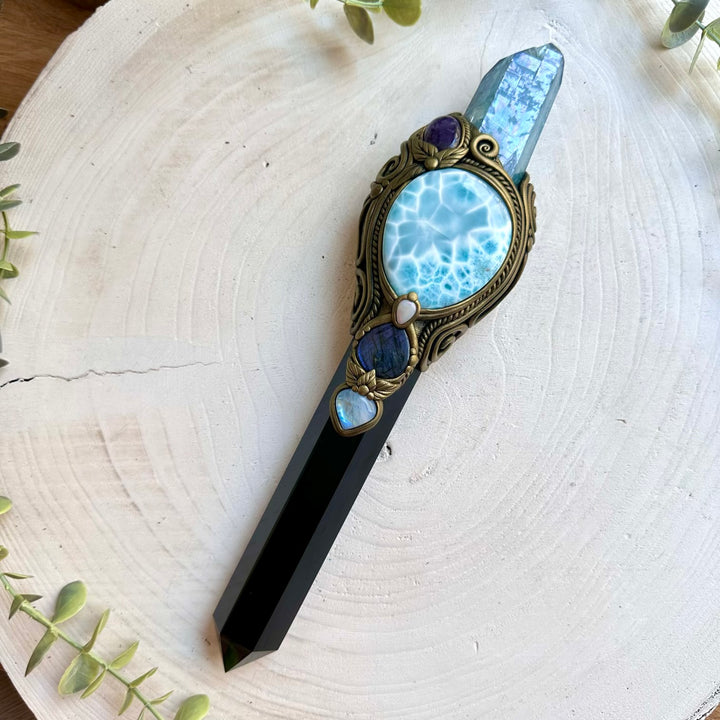 One of a kind XL crystal wand with Black Obsidian, Aqua Aura Quartz, Larimar, Labradorite, Rainbow Moonstone, Amethyst and Australian Opal.