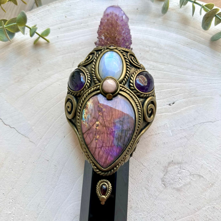 Handmade ritual tool crafted with Black Obsidian and a beautiful selection of healing crystals.