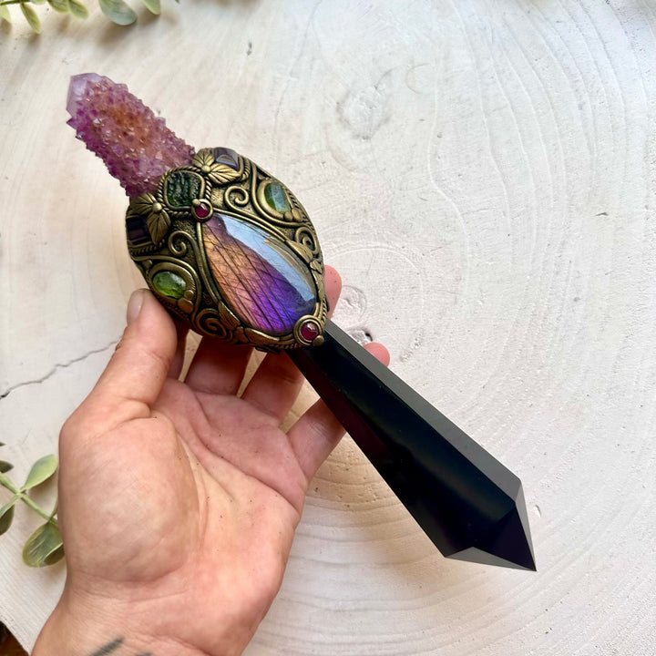 Natural crystal energy wand featuring Black Obsidian and genuine gemstones for intention setting.